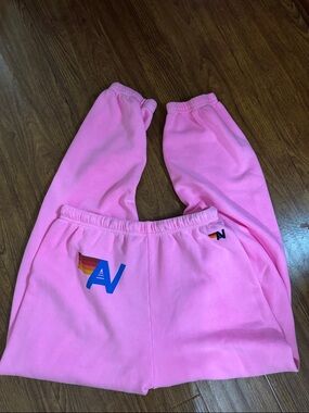 Aviator Nation Pink Joggers with Rainbow 'A' Logo